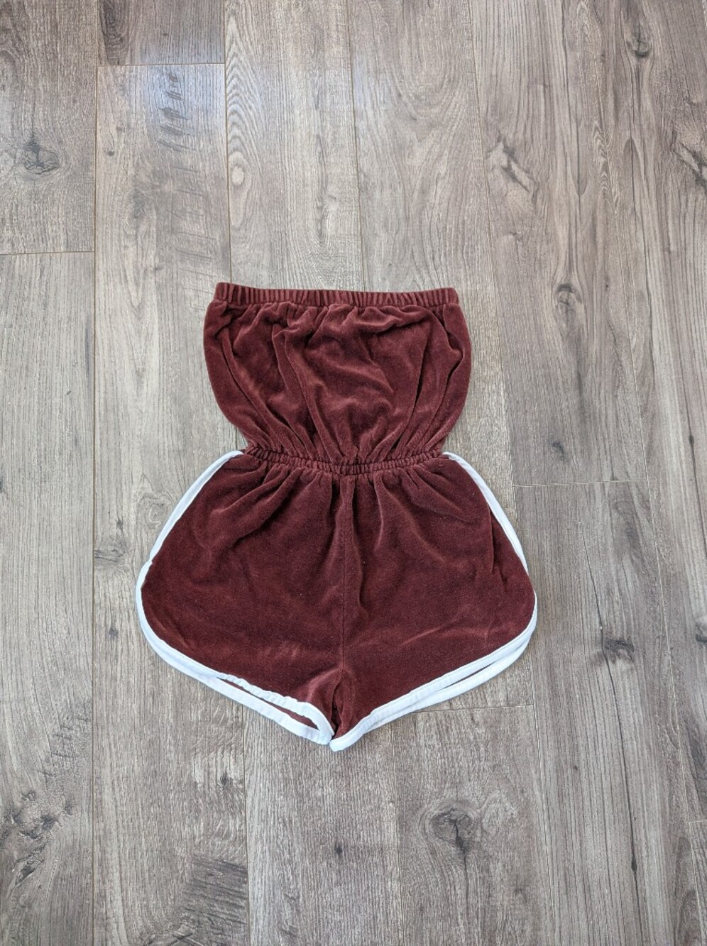 Vintage Brown Velour Strapless Shorts Romper with White Trim - Picture 3 of 11